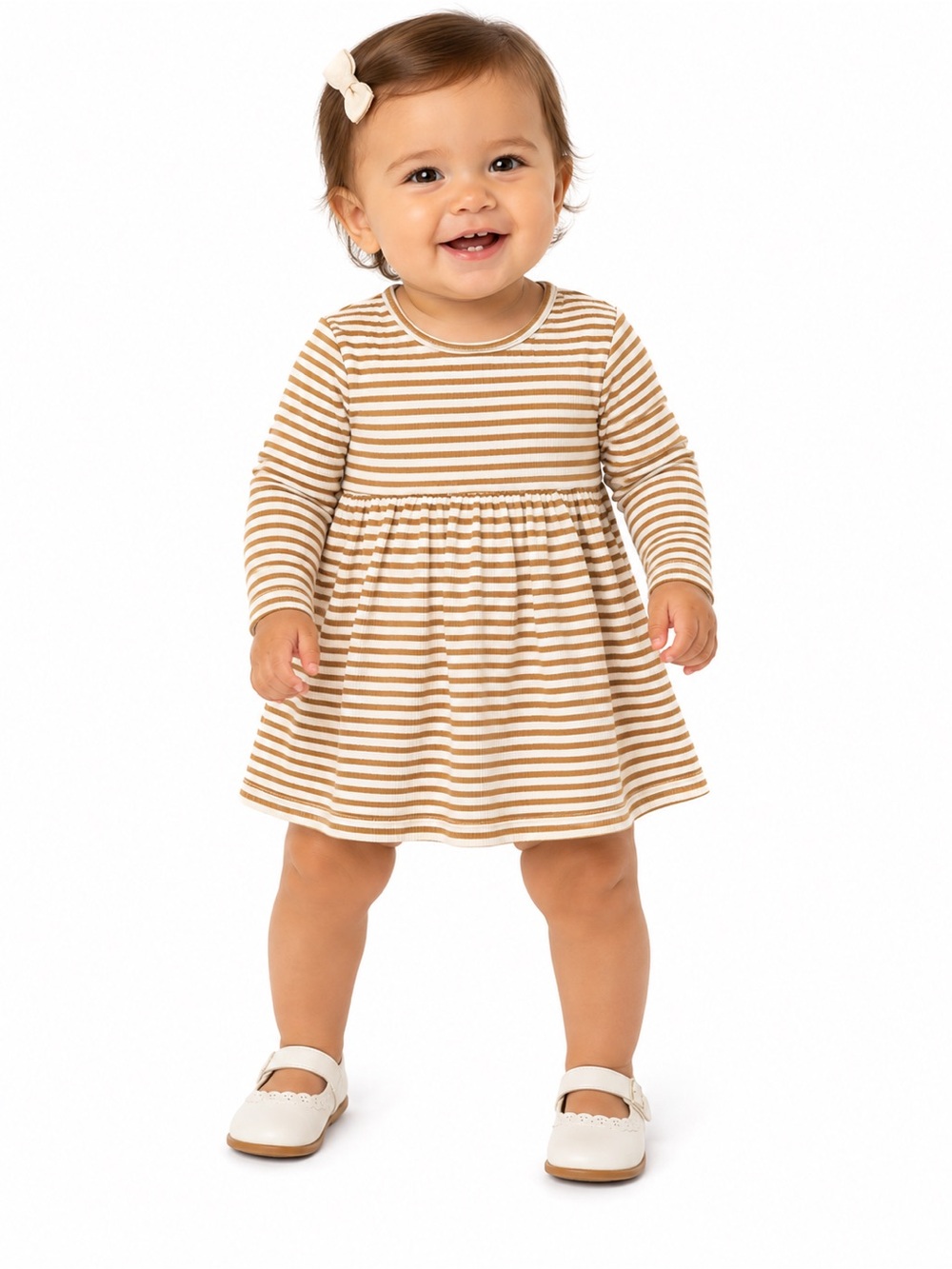 EUC Quincy Mae Striped Long-Sleeve Dress - Cream & Tan